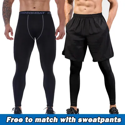 Compression Base Layers Men Thermal Running Sports Long Tight Leggings Pants Gym • £6.79