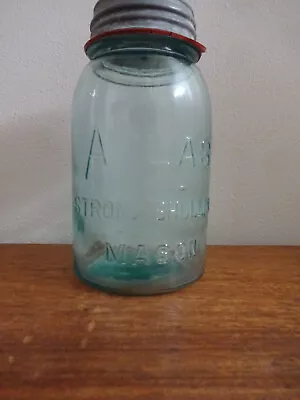 ATLAS STRONG SHOULDER MASON CANNING JAR Quart W/ZINC LID AQUA Mfg 1920-1940 • $10