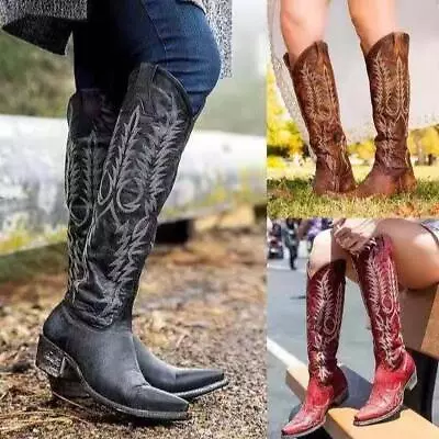 Womens Cowgirl Cowboy Boots Ladies Mid Wide Calf Low Heel Western Shoes Size • £46.28