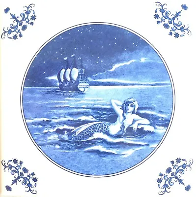Mermaid Adrift Blue Delft Design Ceramic Tile Blue 4.25  X 4.25 Vintage Corners • $6.95
