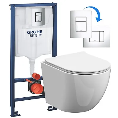 Rimless Wall Hung Toilet Pan Seat & GROHE 1.13m Concealed Cistern Frame WC • £129.99
