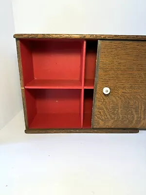 Vintage MCM Granny Small Four Cubby Wooden Wall Shelf Sliding Door Red Interior • $35