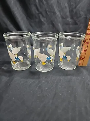Vintage ~ BAMA Jelly Jar ~ White Ducks Geese Blue Bows Juice Glasses 4  Tall  • $15