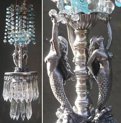 Mermaid Swag Lamp Chandelier Blue Glass Brass Silver Crystal Beads SeaScape • $549