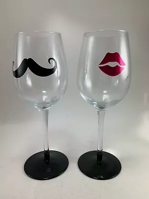 Set Of 2 Crystal Wine Glasses Bride & Groom Mustache & Lips Husband & Wife Stems • $15