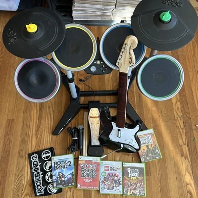 $399 • Buy Rock Band 2 XBox 360 Wireless Bundle Fender Guitar Drums Pro Cymbals Mic Games