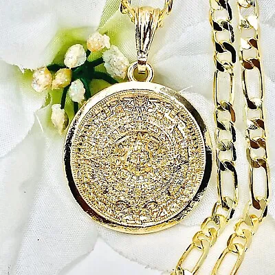 $17.95 • Buy 14k Gold Plated Aztec Calendar Pendant Necklace Figaro, Cuban Chain Gold Color