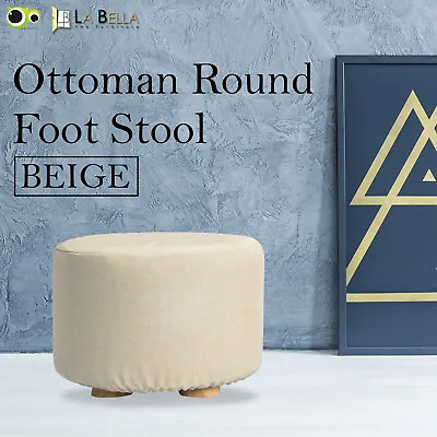 Fabric Ottoman Round Foot Stool Rest Pouffe Wooden Leg Padded Seat - BEIGE • $40.90