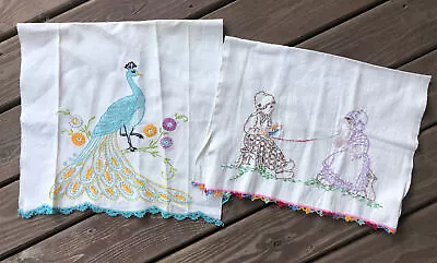  2 Vintage Hand Embroidered Crochet Edged Dish Towels Dutch Ladies Peacock  • $24.99