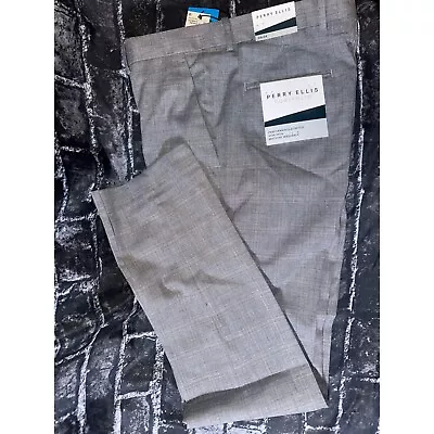 Perry Ellis Men's Slim Fit Stretch Non Iron Dress Pants Grey Plaid 34x34 NWT • $35