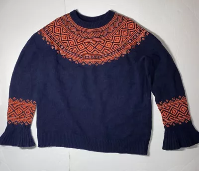 J CREW Fair Isle Navy Blue Orange Wool Flare Cuff Sweater XS H3933 • $15