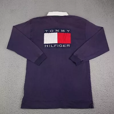 Vintage Tommy Hilfiger Shirt Mens XL Blue Rugby Long Sleeve Oversized Spell Out* • $24.95