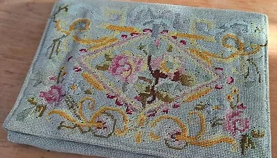 Vintage 30's Clutch Vanity Purse Floral Needlepoint Tapestry + Mirror & Pocket  • £10