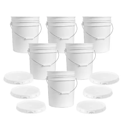 5 Gallon Food Grade White Plastic Bucket With Handle & Lid - Set Of 6 • $78.99