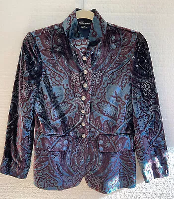 Ellen Tracy Blazer Jacket Women Size 2 Crushed Velvet Silk Blue Brown Paisley XS • £21.68