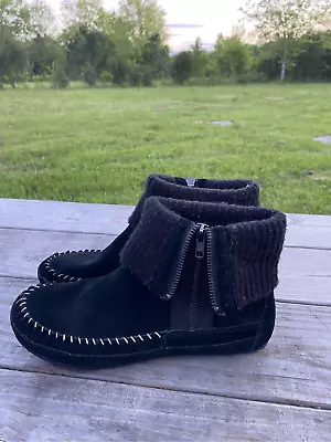 Minnetonka Moccasin Black Suede Foldable Ankle Booties • $39