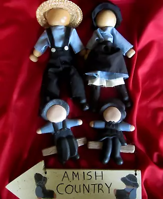 Lot Of 2 Amish Clothes Pin Dolls & 2 Ceramic Dolls--boy & Girl-plus Country Sign • $42.72