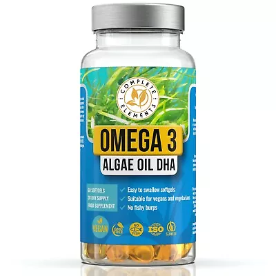 Vegan Omega 3 Algae Oil 60 Capsules Vitamin E 400mg DHA Supplement 1Month Supply • £12.99