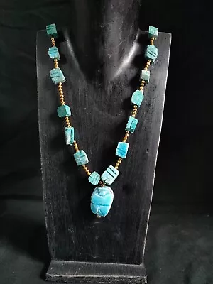 Vintage 1970's Egyptian Revival Chunky Carved Faience Scarab Necklace (C) • £10