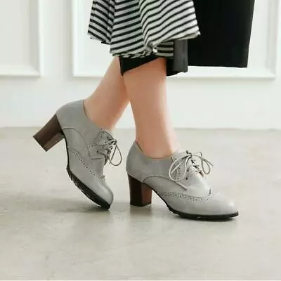 Women Wingtip Trendy Chunky Mid Heel Brogue Lace Up Dress Shoe Oxfords Plus Size • $86.10