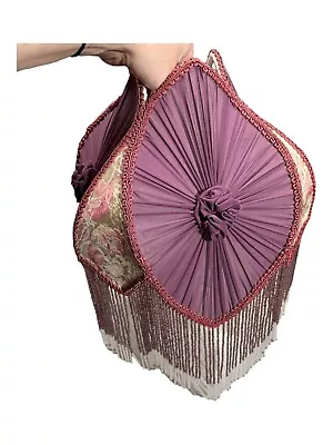  Antique Victorian Style Lamp Shade Mauve Rosettes/Floral Fabric Beaded Fringe  • £243.28