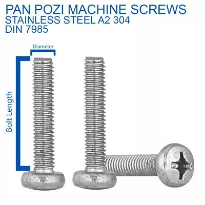 M3 X 16mm POZI PAN HEAD MACHINE SCREWS POZIDRIVE SCREW A2 STAINLESS DIN 7985 • £2.89