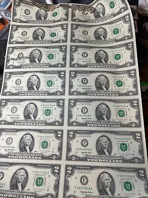 Uncut Sheet Of 16 TWO DOLLAR BILLS $2 Series 1995 Signed Uncirculated • $160