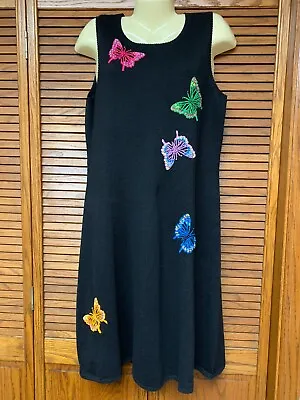 Michael Simon L Colorful  Beaded Butterflies Sleeveless Black Knit Sweater Dress • $36.99