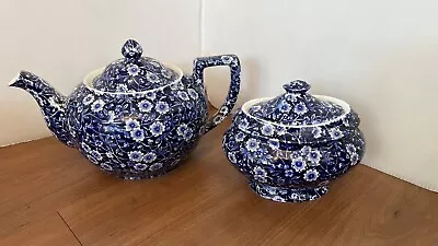 U PICK Calico Burleigh Staffordshire England Blue Teapot Sugar Bowl Chintz Tea • $25