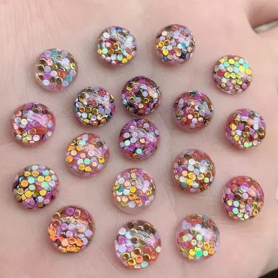 Round Glitter Filled 10mm Cabochons Set Of 20 Craft Supplies Resin Flat Back • £3.40