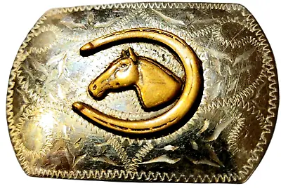 Vintage WESTERN BELT BUCKLE - Signed RICARDO - Brass Horse Head On Silver Tone • $60