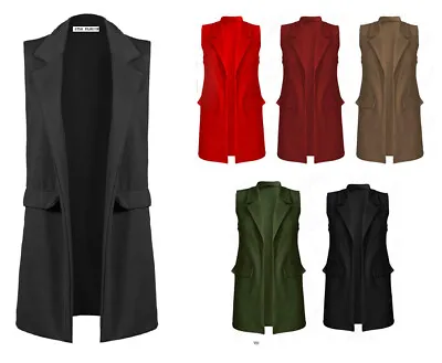 £9.99 • Buy Ladies Womans Sleeveless Plus Size Crepe Open Long Waistcoat Pocket Top Jacket 