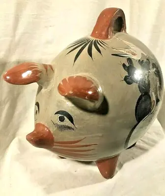 Vintage Huge Hand Painted Burnished Pottery Pig Bank Tonala Mexico 13+  Tall • $119
