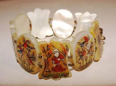 Vintage Sterling Silver Asian Transfer Painted Scenes Mother Of Pearl Bracelet • $39.99