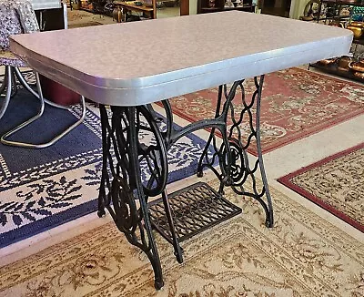 Mid Century Formica Half Table W/ 1890s Singer Sewing Metal Base Retro • $300