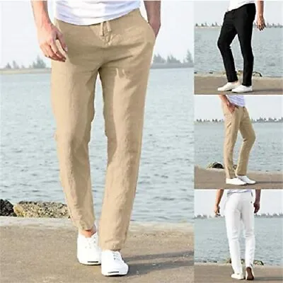 Mens Casual Cotton Linen Breathable Loose Trousers Solid Straight-leg Pants New • £12.09
