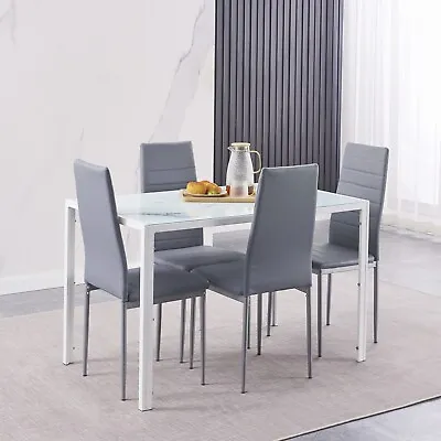 4x Grey Faux Leather Dining Chairs&White Marble Tempered Glass Dining Table Set • £149.99