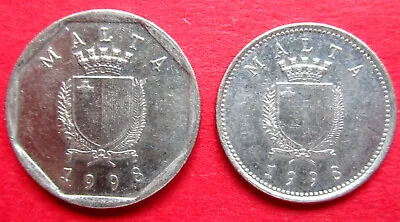 Malta  Pair Very Collectable Good Grade Two  & Five Cent Coins  Both Dated 1998 • $1.85