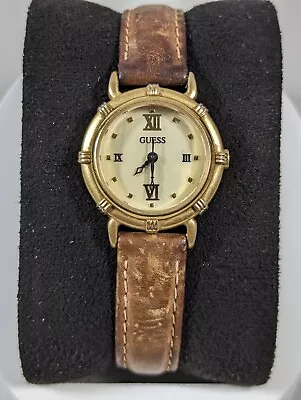 Vintage Guess 1996 Round Gold Tone Case Brown Leather Band Watch • $34.99