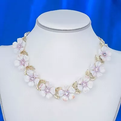 Vtg Mid-Century LISNER White & Pink Flowers W/Pink Rhinestones Choker Necklace • $22