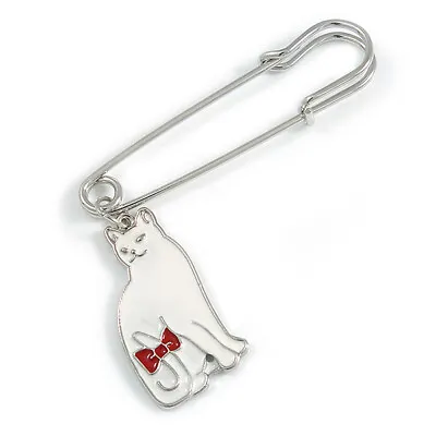 Medium Safety Pin With White Enamel Cat Charm Brooch In Silver Tone - 60mm • £11.90