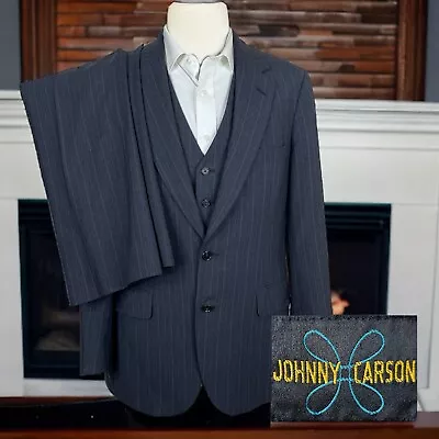 Johnny Carson 3 Piece Suit Mens 40R 34x30 Gray Stripe Vintage Flaw • $79.20