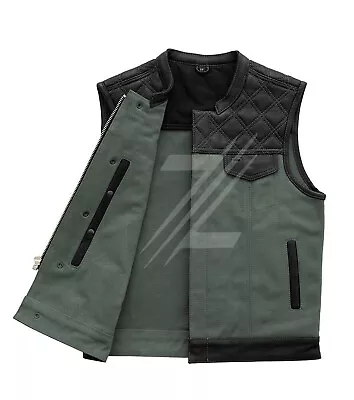 New Men's Motorcycle Cowhide Green Canvas Bikers Leather Vest Diamond Quilted • $162