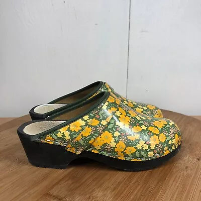 Moheda Clogs Womens 36 US 6 Swedish Wooden Mules Floral Yellow Green Shoes • $29.97