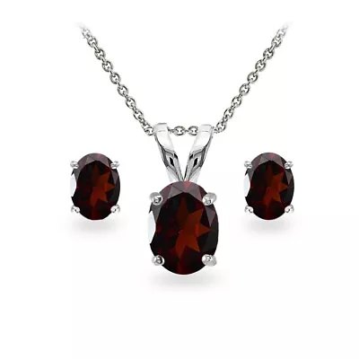 Sterling Silver Garnet Oval-cut Solitaire Necklace And Stud Earrings Set • $24.99