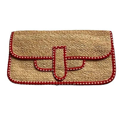 Vintage Woven Raffia Envelope Clutch Retro Pinup Polka Dot Trim Handbag • $18.93