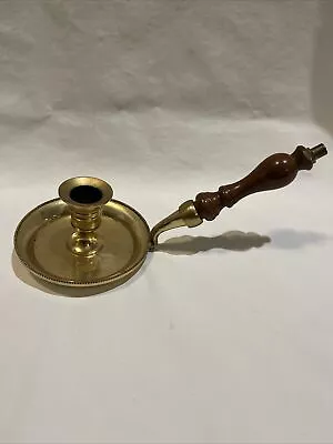 Vintage Brass Chamber Candlestick Holder Ornate Wood Long Handle Taiwan • $12
