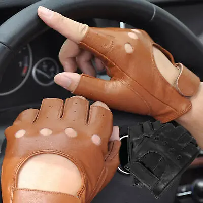 Leather Fingerless Gloves Biker Driving Cycling Half Finger Gloves L/XL • $23.40