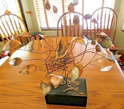 C Jere Birds In A Nest Copper Kinetic Leaves Sitting On Wood Base 1968 21x21  • $800