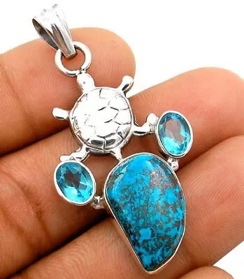 Turtle Natural Chrysocolla Peru & Topaz 925 Solid Sterling Silver Pendant K16-9 • $11.99